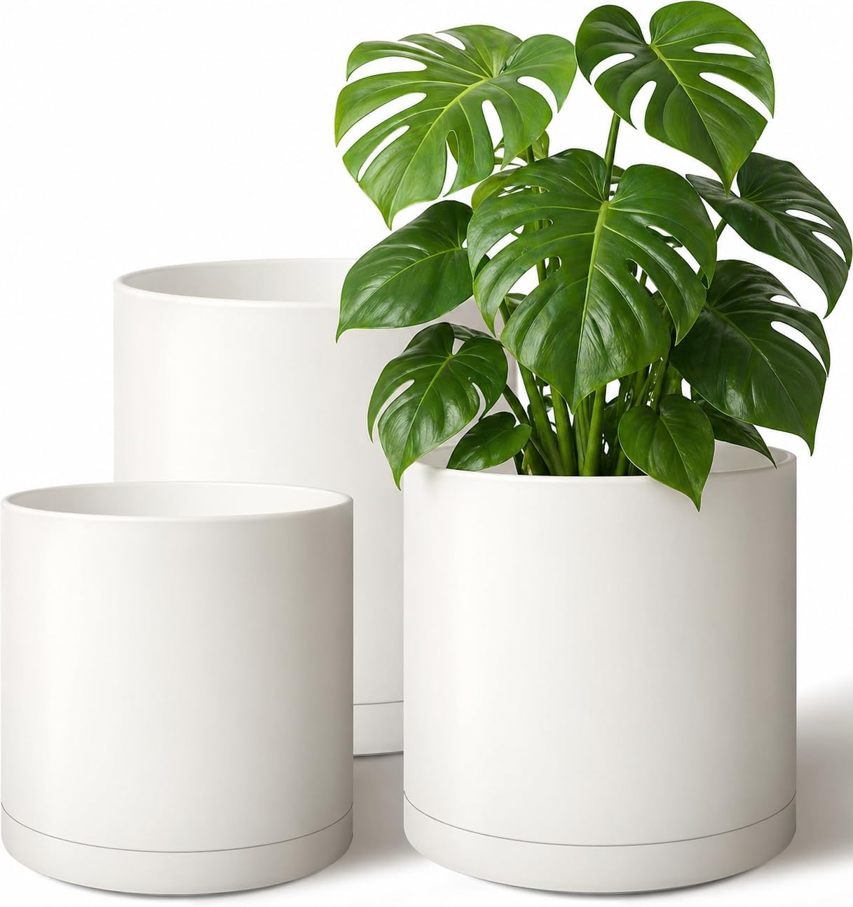 White cylinder plant pot set in 12 10 and 8 inch sizes