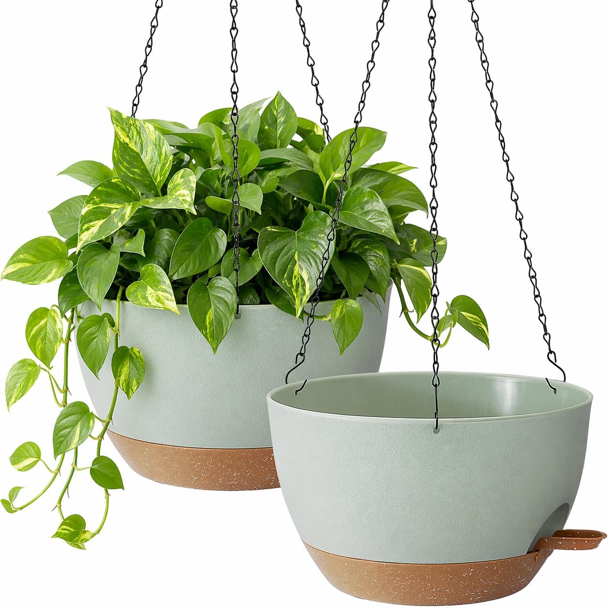 Green 12 inch hanging plant pots with chains